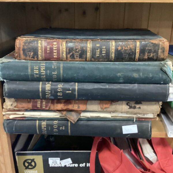 Antique book collection featuring The Graphic and The Sketch periodicals.