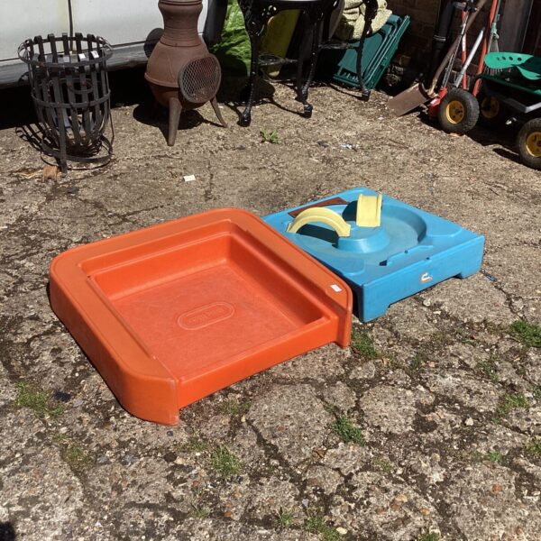 Bright blue and orange childs paddling pool in a garden setting.