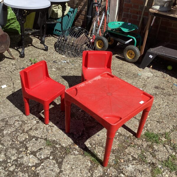 Red plastic child's garden table and chairs in a garden setting.