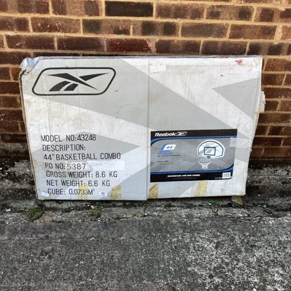 Reebok basketball hoop in original packaging, ready for outdoor play.