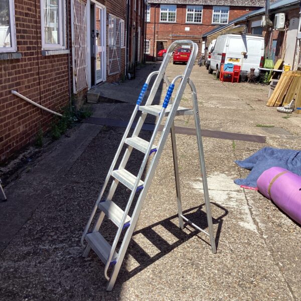 Aluminium step ladder in a garden setting, useful for DIY tasks.
