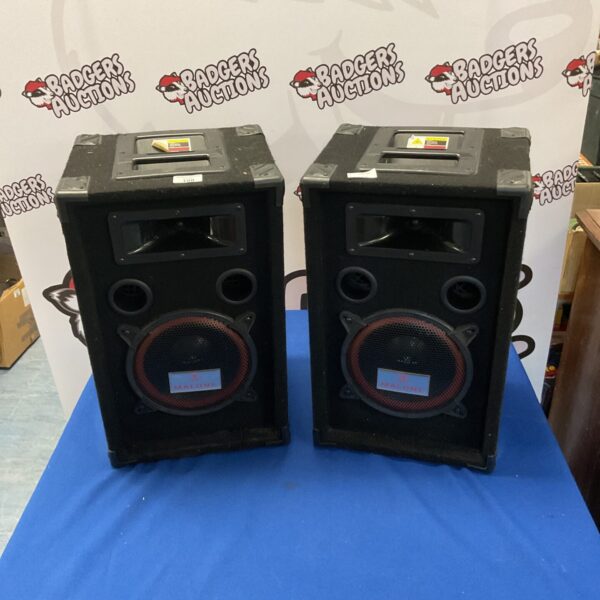 Pair of black Malone 500W speakers for PA and DJ use.