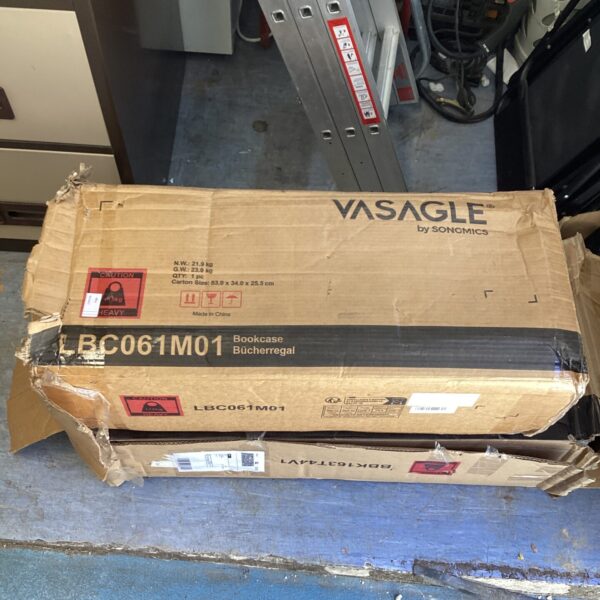 Front view of unopened Vasagle LB061M01 bookcase in original packaging.