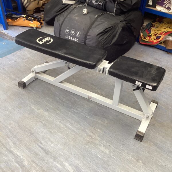 Side view of a KMS fitness bench for weight training.