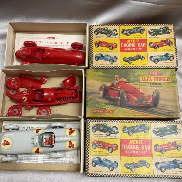 Vintage Merit model car kits lot, partially assembled.