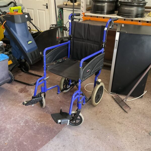 Blue Dash wheelchair with folding frame and padded seat.