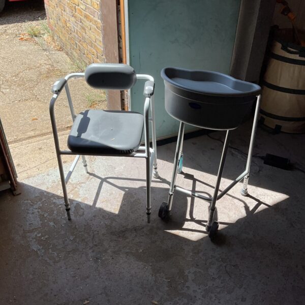 Mobility perching stool with walking frame caddy for senior support.