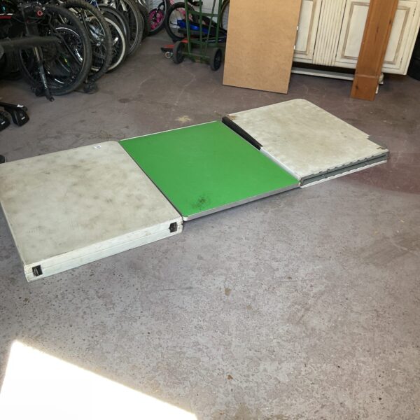 Lot of three folding tables with plastic tops, ready for use.