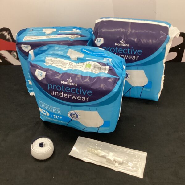 Three unopened packs of size medium protective underwear by Morrisons.