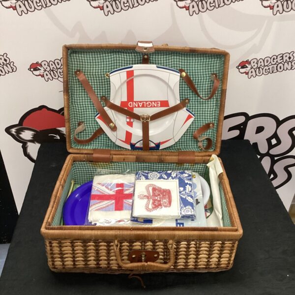 Vintage England football picnic basket with branded set inside.