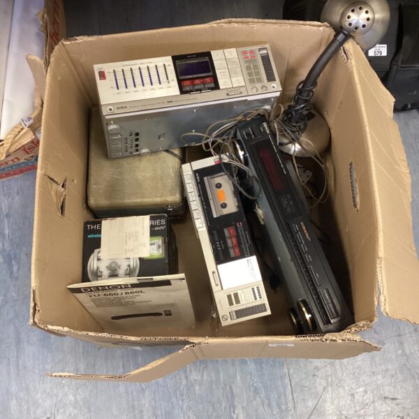 Vintage Aiwa stereo system and Denon tuner in a cardboard box.