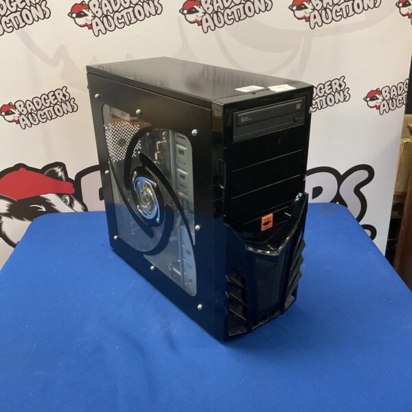 Wolfcat gaming PC tower in used condition, front view.