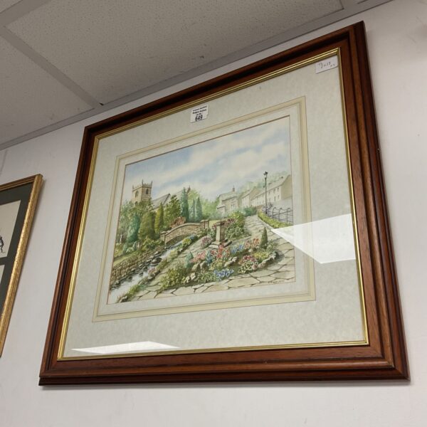 Vintage watercolour painting of a village church by N Nelson.