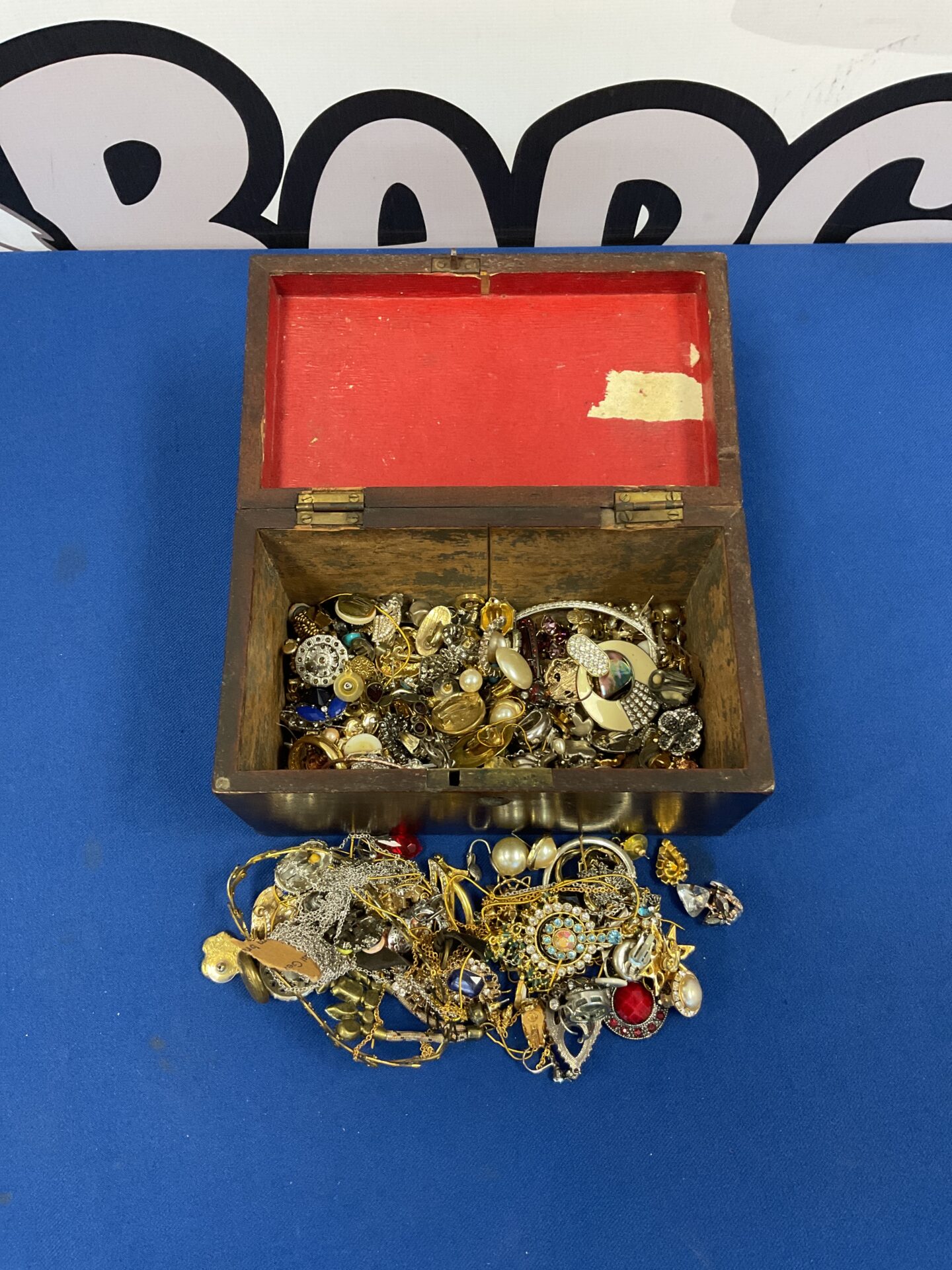 027 Vintage wooden box with costume jewellery
