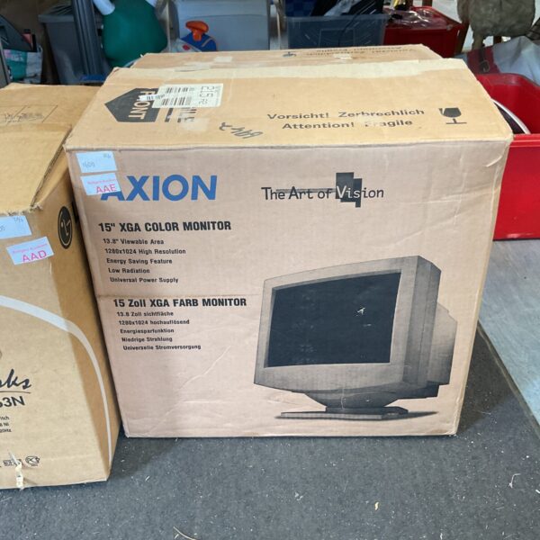 Front view of boxed Axion 15” XGA colour monitor.