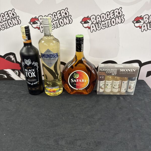 Alcohol and coffee syrup lot including Black Fox and Monin.