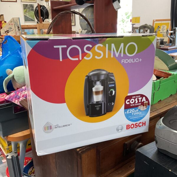 Black Bosch Tassimo Fidelia coffee machine for home brewing.