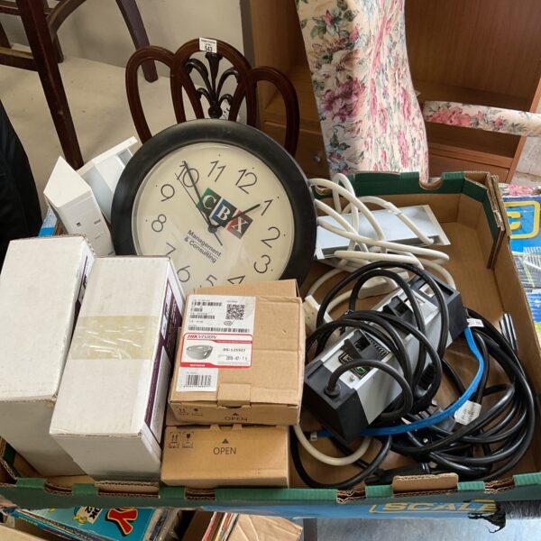 Mixed lot of extension leads, clock and filters for sale.