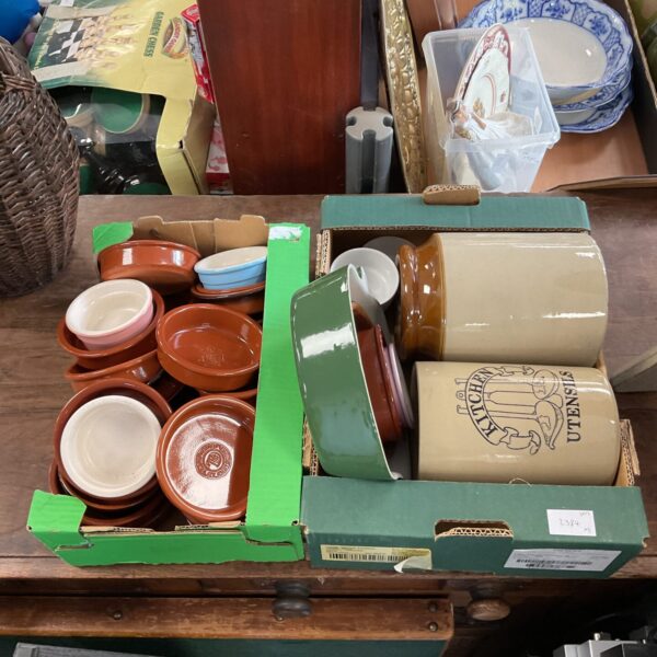 Vintage lot of ramekins and salt glazed pottery pots for kitchen use.