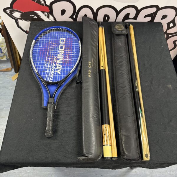 Donnay tennis, pool and snooker set with cues and racket.