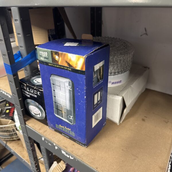 Boxed bulkhead light for exterior security and garden lighting.
