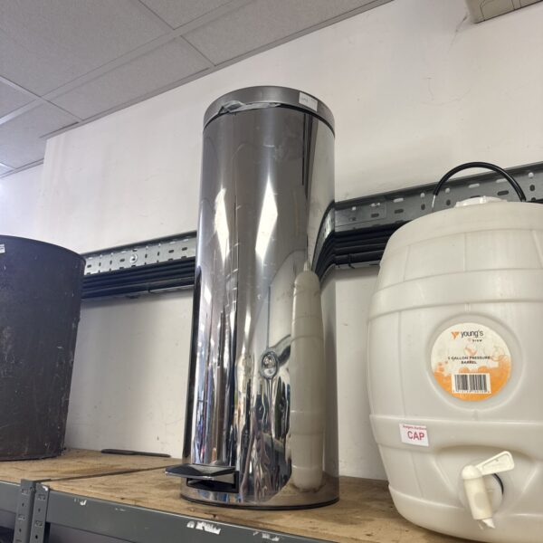 Chrome kitchen pedal bin with foot pedal operation.