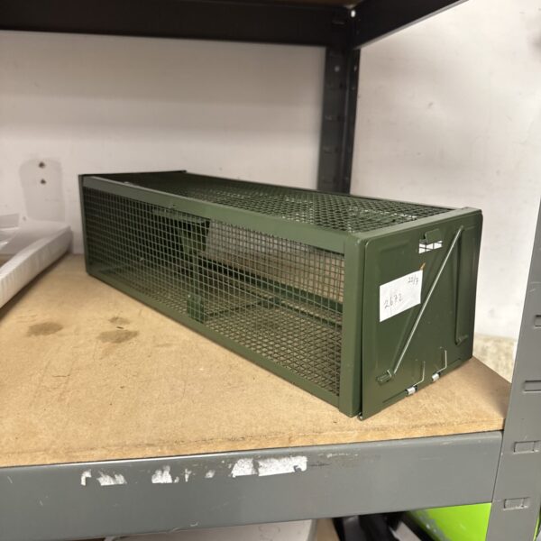 Metal humane rodent trap for live animal capture.