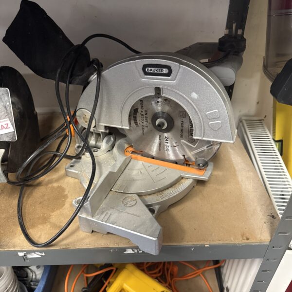 Close-up of a Bauker mitre saw blade and base.