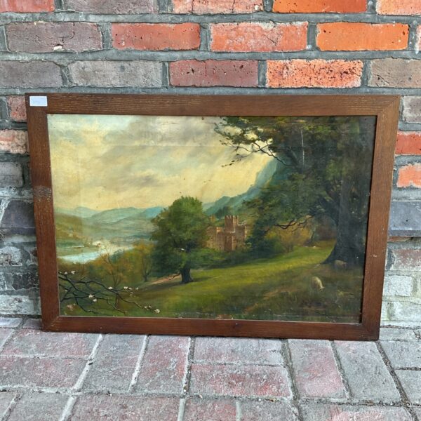 Side view of antique 19th-century manor house landscape painting.