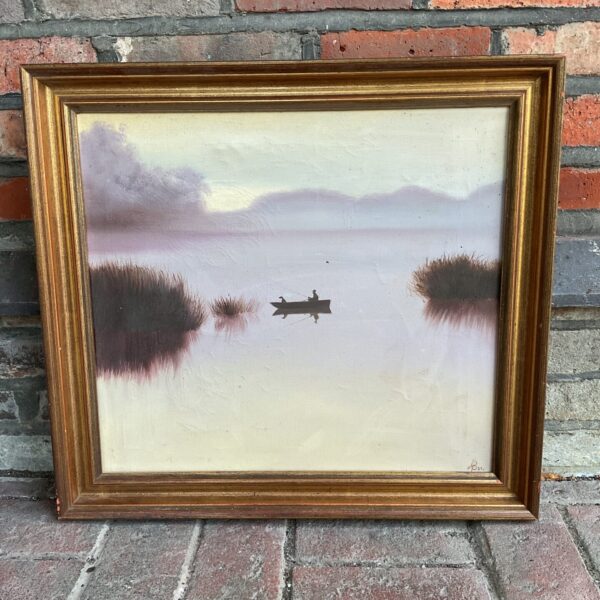 Vintage oil painting of fisherman in boat signed a b 85.