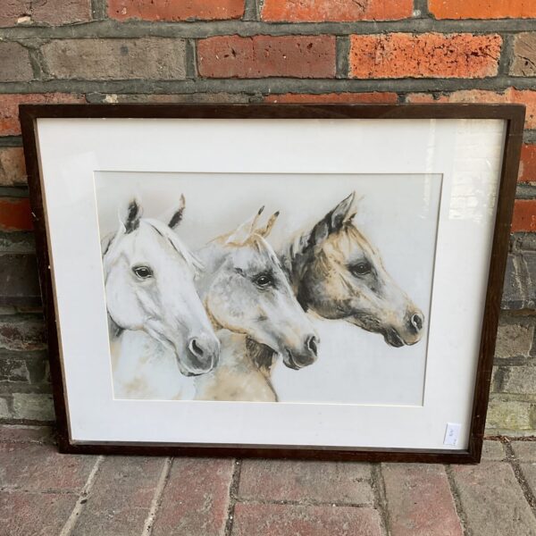 Framed print of grey and bay horses, equine wall art.