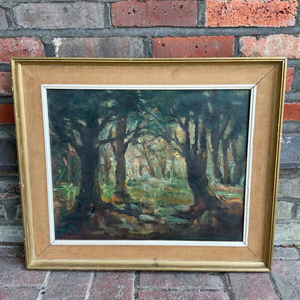 Vintage Mat Lowen woodland oil painting with signed artist detail.