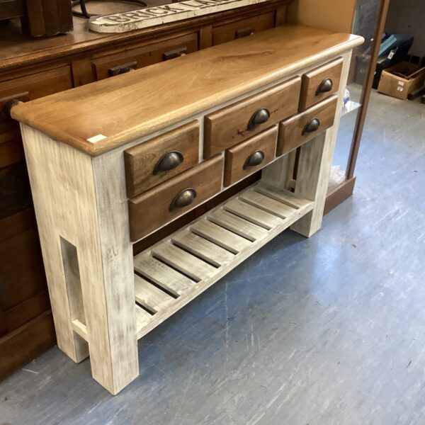 Distressed French console table with five drawers for hallway or entryway.
