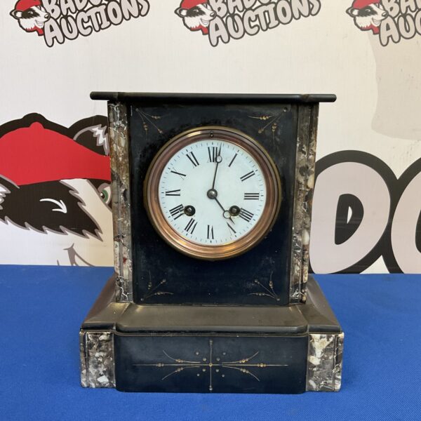 Antique Victorian slate mantle clock with pendulum, marked J j s.
