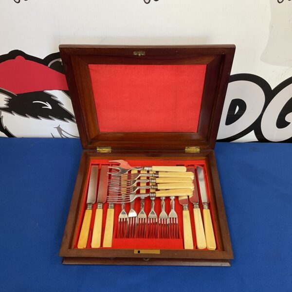 Vintage silver plate cutlery set with bone handles displayed in a case.