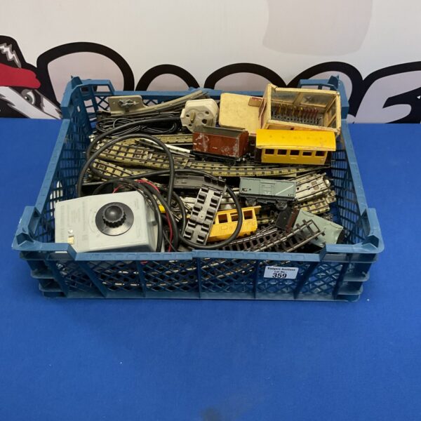 Vintage Hornby three rail train set in a crate.