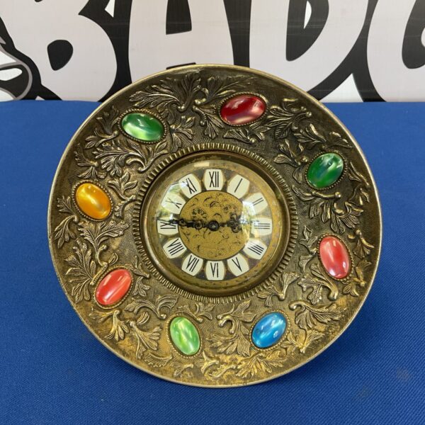 Vintage Splendex mantle clock with colourful stone details.