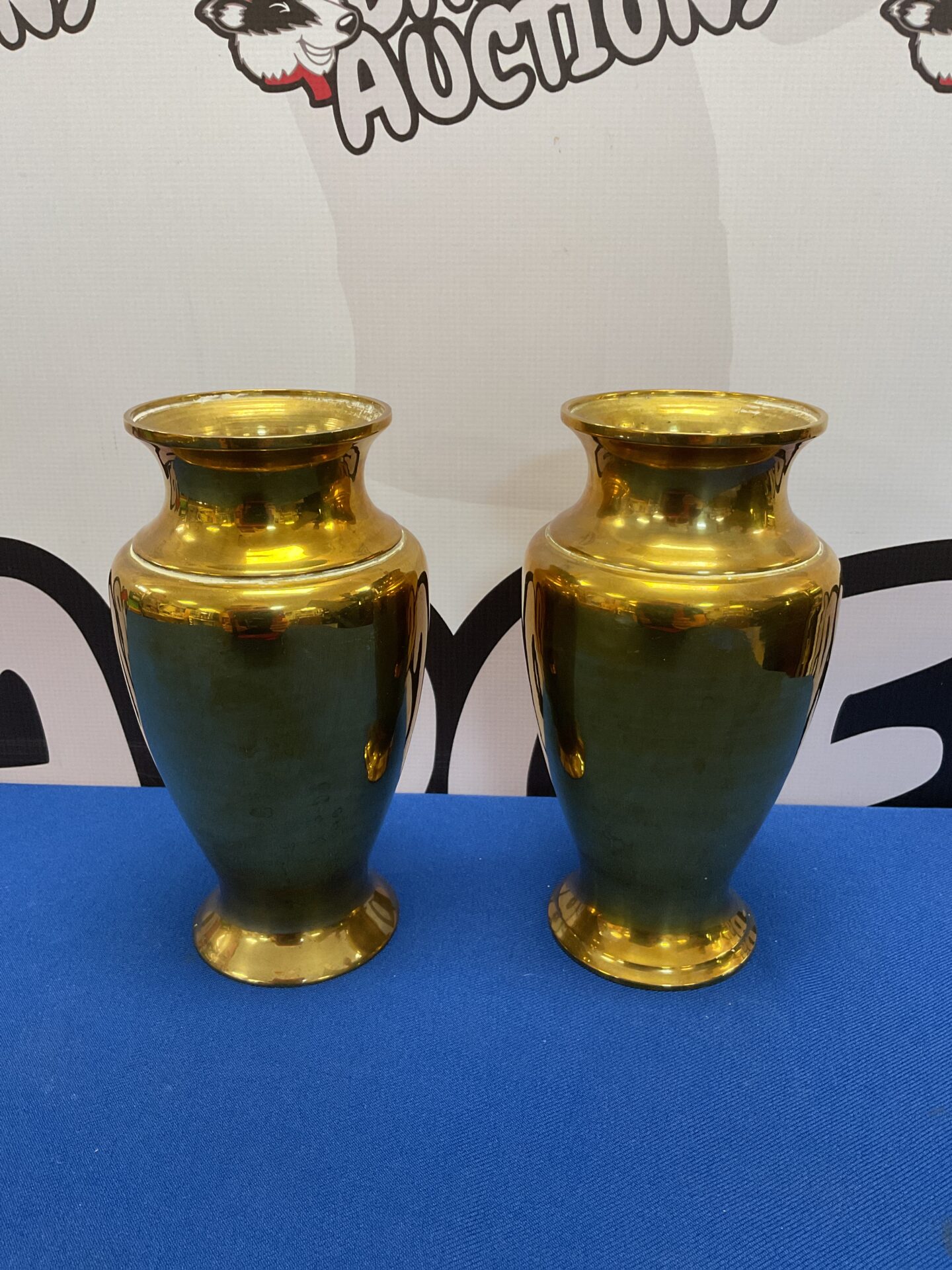 036 Pair of heavy brass 7” tall urn vases