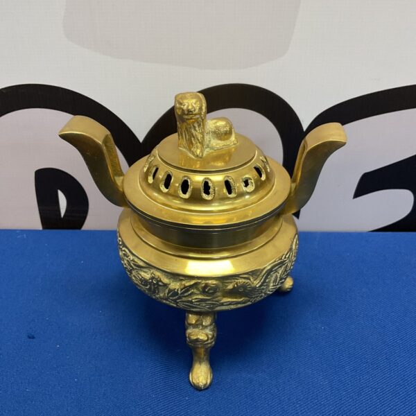 Intricate Chinese brass incense burner with pierced lid.