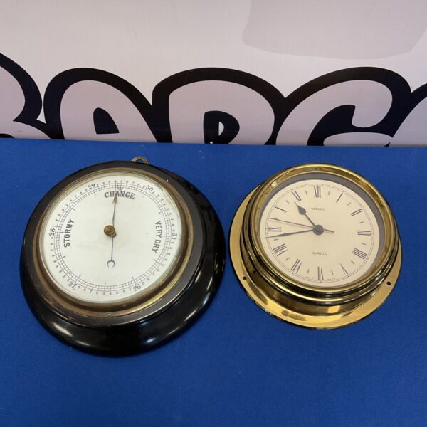 Antique Victorian wall barometer with Metamex clock.