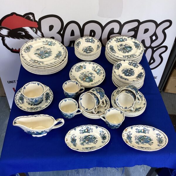 Vintage Mason’s Ironstone Fruit Basket dinner set displayed on a table.