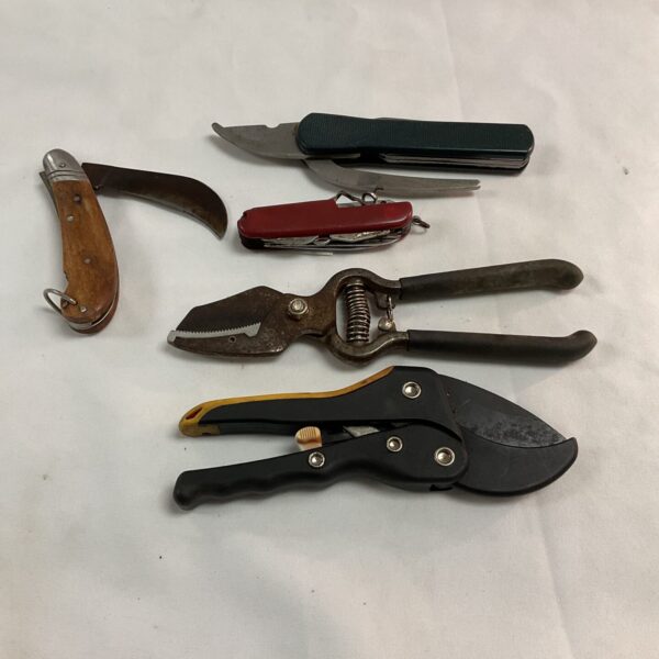 Vintage garden pruning tools including shears and knives.