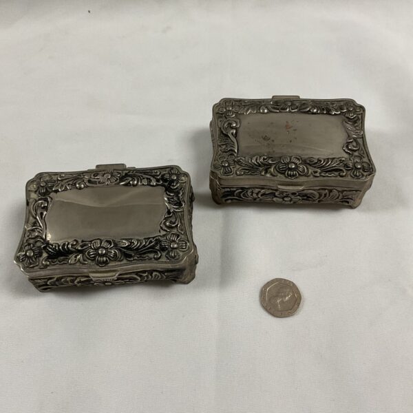 Vintage silver plate trinket boxes, a collectible pair.
