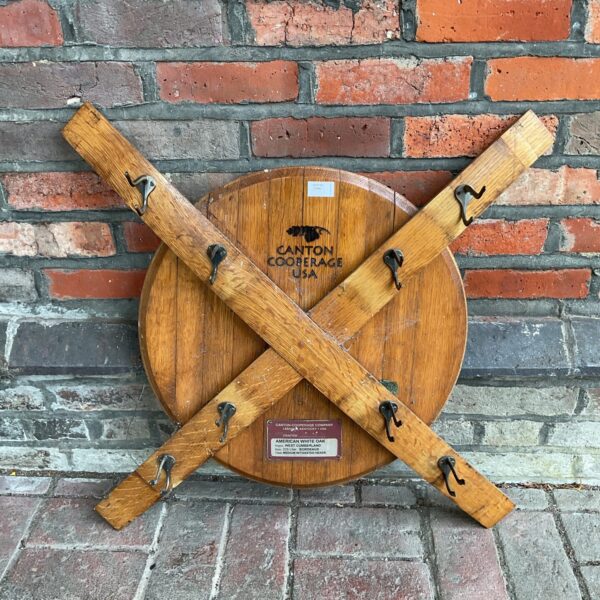 Rustic white oak whisky barrel lid coat rack by Canton Cooperage USA.