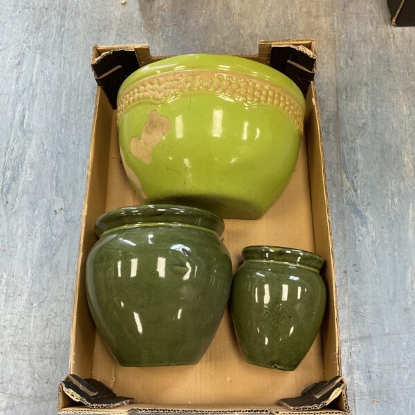Lot of three vintage green glazed wall pots for plants.