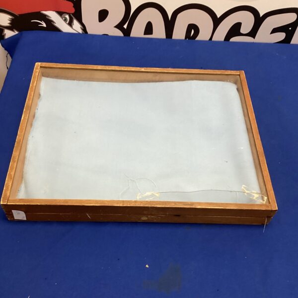 Vintage wooden display case for collectibles, measuring 20” x 15”.