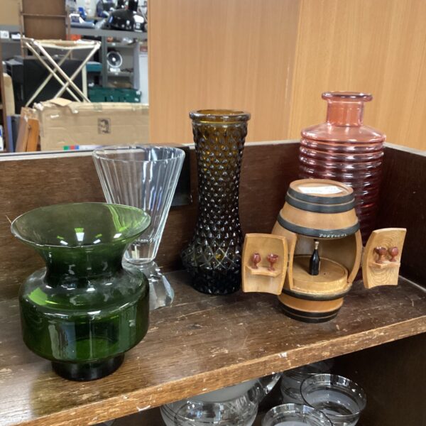 Assortment of colourful vintage glass vases and miniature barrel.
