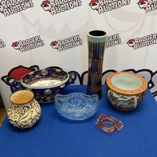 Mixed lot of vintage ceramics and glassware including a Chinese plant pot.