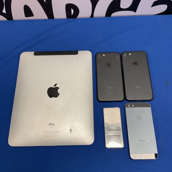 Overview of Apple iPad, iPhones, and iPod in a device lot.