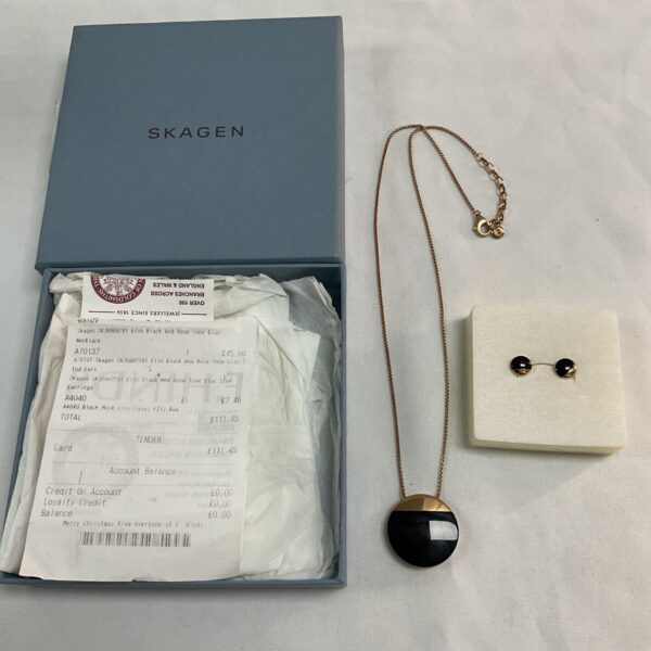 Skagen Elin rose gold necklace and earring set in original box.